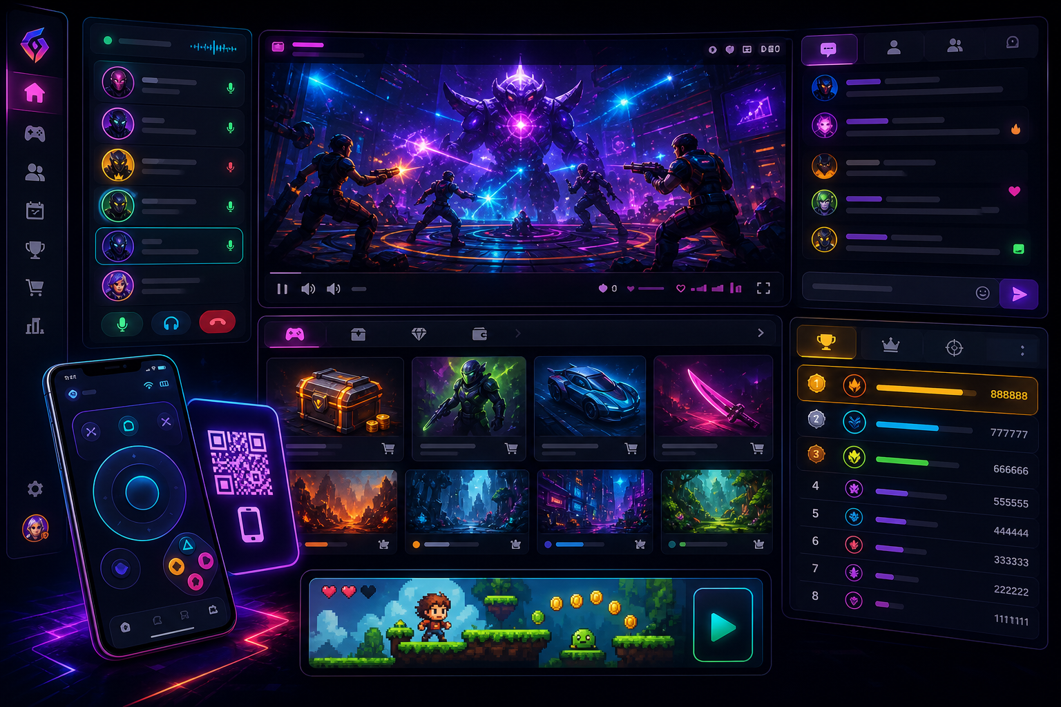 Neon game community venue with live stream, chat, QR controller, store, and leaderboard.
